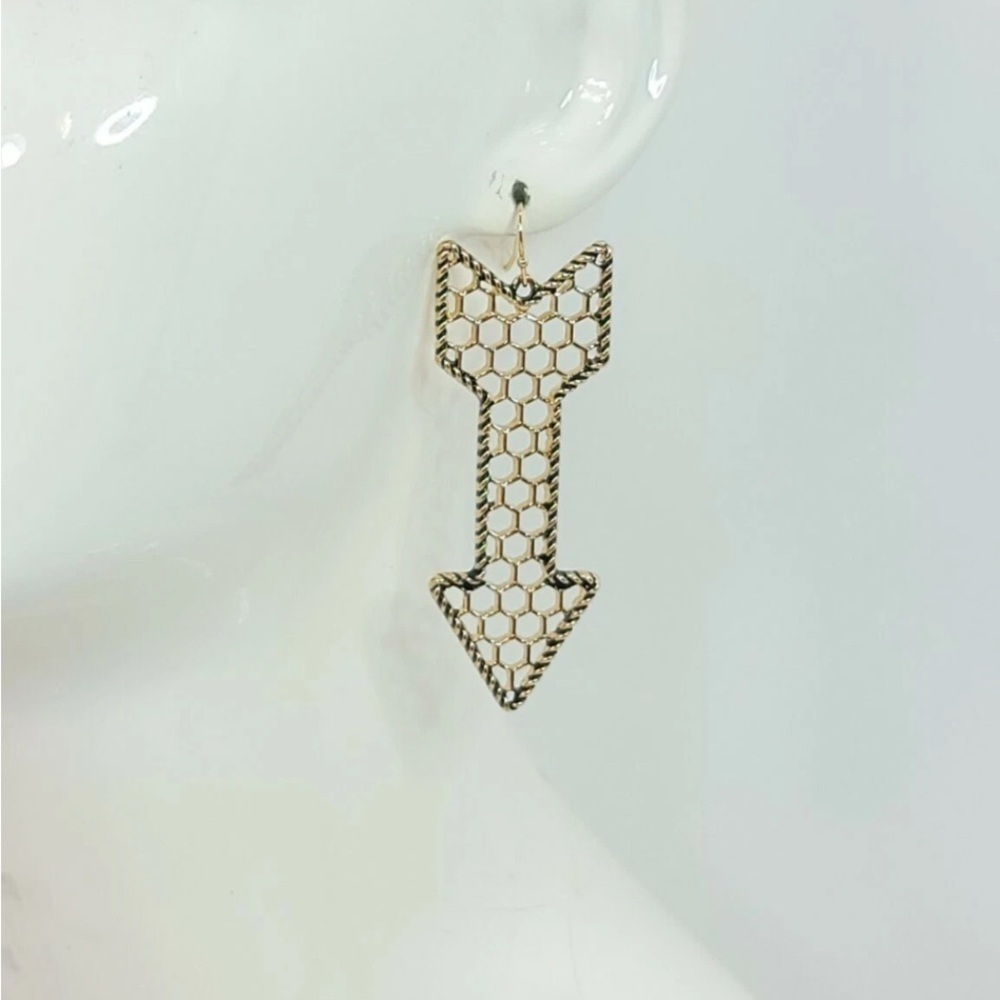 Gold Tone Honeycomb Arrow Dangle Earrings - Picture 4 of 8